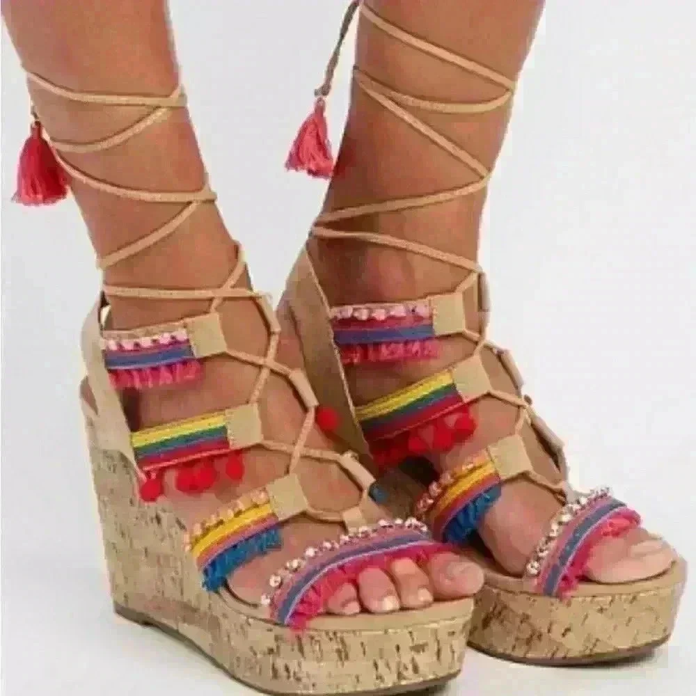 Charlotte Russe embellished Pom Pom WEDGE HEEL LACE UP SANDAL 8